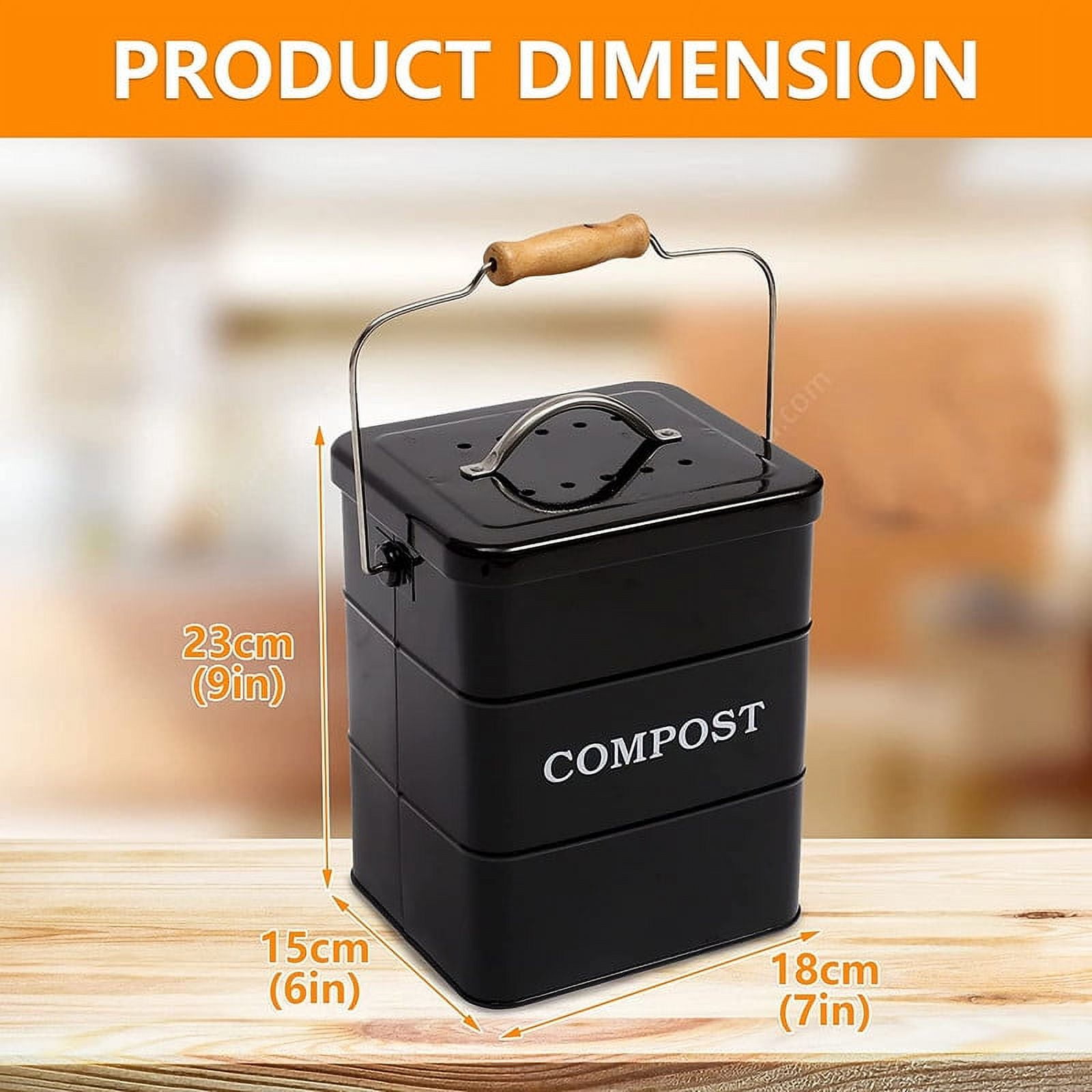 Pethiy Stainless Steel Compost Bin for Kitchen Countertop Compost Bin，1 Gallon, Kitchen Trash Can -Includes Charcoal Filter，Compost Bucket Kitchen Pail Compost with Lid-Black