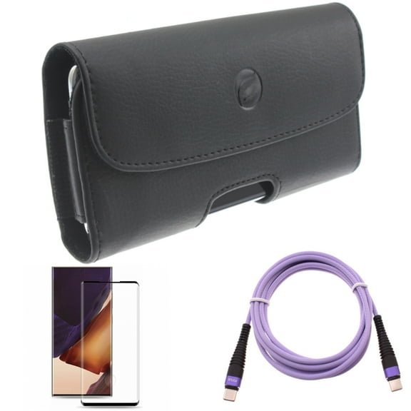 Purple 6ft PD Cable & Screen Protector & Case Belt Clip for Samsung Galaxy Note 20 Ultra (6.9") - Combo with Type-C to USB-C Long Charger Cord & Tempered Glass (Fingerprint Unlock) & Leather Holster