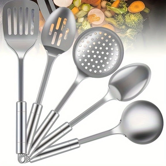 [Stainless Steel Kitchen Utensil] 5pcs Stainless Steel Kitchen Utensil Set - Ergonomic,Durable,Non-Toxic Cooking Tools - Including Spoon,Ladle,Slotted Spatula & More