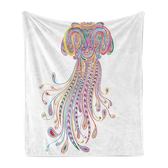 Jellyfish Soft Flannel Fleece Throw Blanket, Doodle Style Colorful Single Organism with Various Ornaments Abstract Details, Cozy Plush for Indoor and Outdoor Use, 70" x 90", Multicolor, by Ambesonne