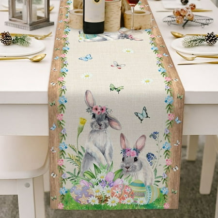 

Happy Easter Cotton Linen Table Runner Dresser Scarves Bunny Tail Egg Rustic Farmhouse Wooden Non-Slip Burlap Rectangle Tablecloths Decor for Spring Party Holiday Dinner Home 13x70 inches Long