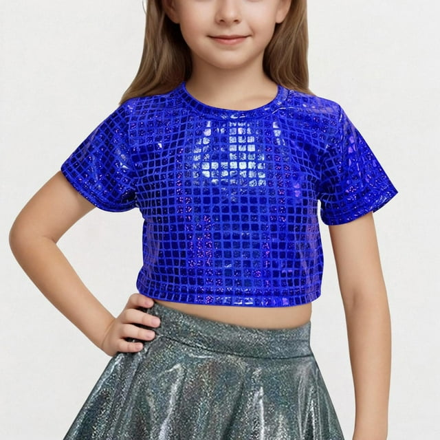 Chemises Métalliques Brillantes pour Filles Col Rond Manches Courtes Crop Tops pour Danse Raves Festivals 3-16 Ans 50 % Économies d'Été