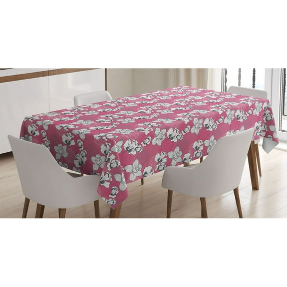Garden Art Tablecloth, Sketch Petals Background with Pastel Tones Monochrome Flower Motifs, Rectangle Satin Table Cover Accent for Dining Room and Kitchen, 60" X 90", Pink Grey and White, by Ambesonne