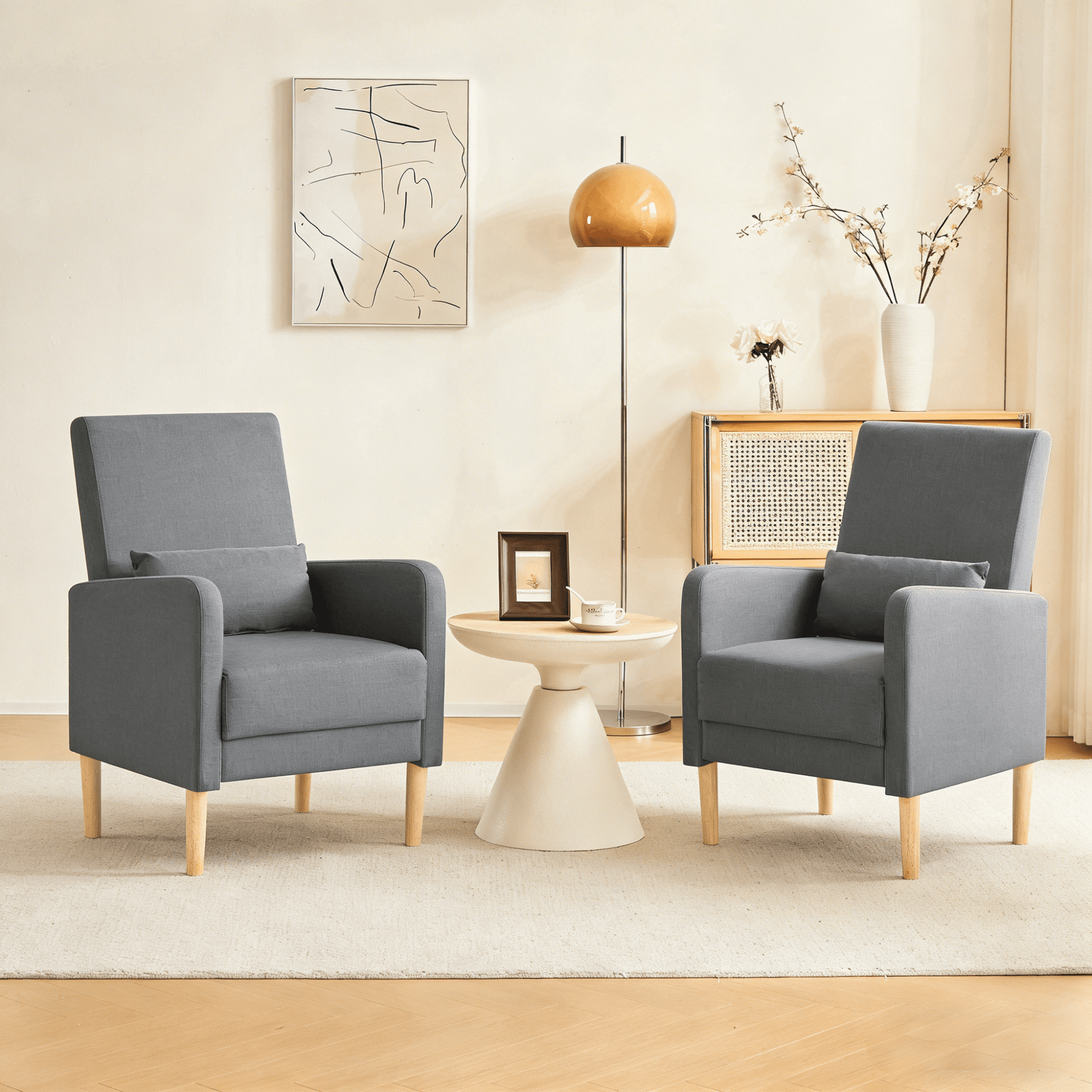 Gewnee 26.5"Wide Modern Armchair Set of 2,Compact Comfy Reading Chair with Solid Wood Frame & Pillow,Small Lounge Chairs for Living Room,Bedroom,Easy Assembly,Dark Grey