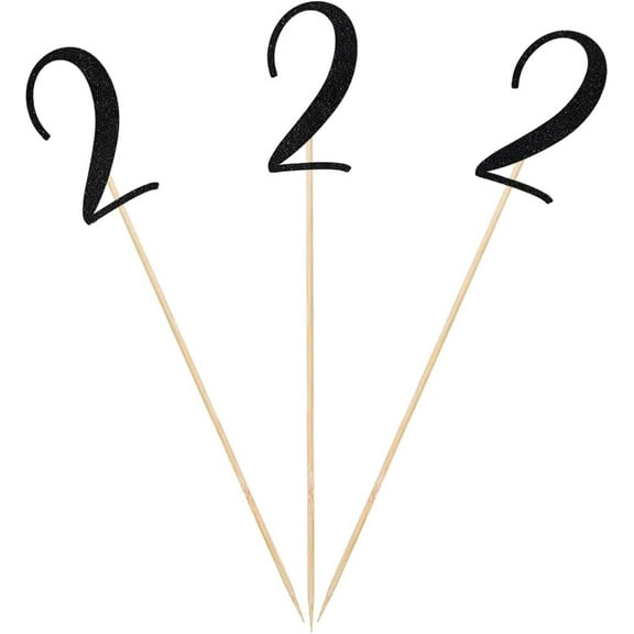 Black Glitter 2nd Birthday Centerpiece Sticks, 12-Pack Number 2 Table Topper Anniversary Party Decorations