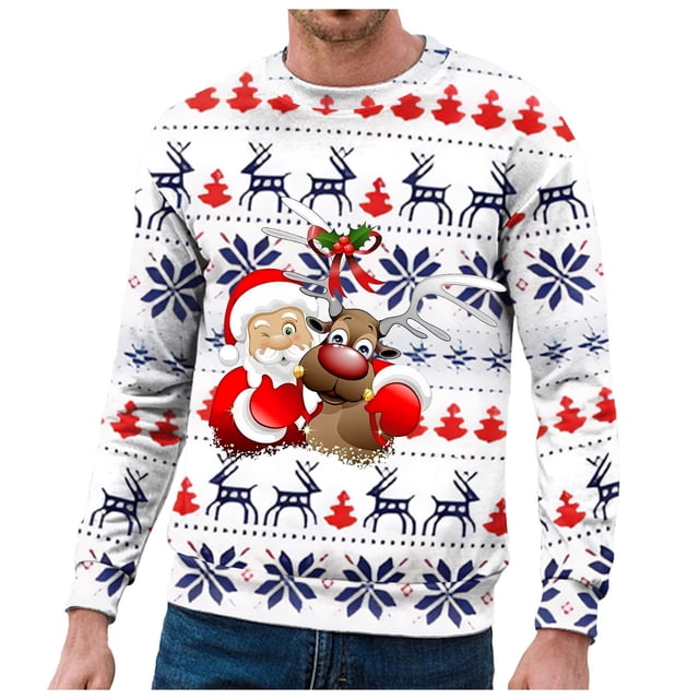 Chandail à Capuche Sans Capuche pour Hommes Hiver Chaud Col Rond Chandail Imprimé Flocon de Neige Père Noël Décontracté Confortable Doux