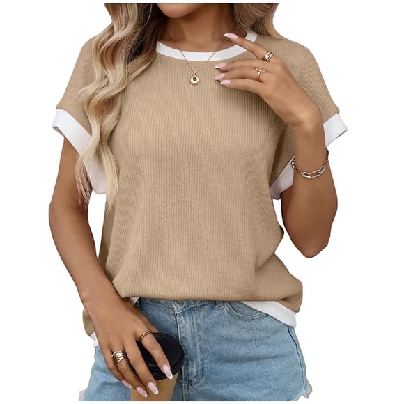 JGGSPWM Women's Summer Short Sleeve Blouses Solid Color Shirts Top Fashion Round Neck Cap Sleeve Knit Casual Clothes Yellow S