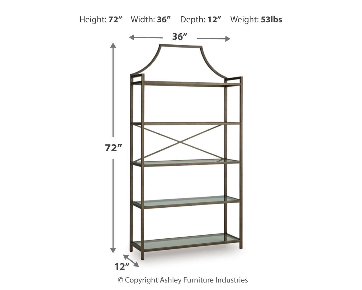 Ashley Furniture Bernonly 72" Glass Bookcase - 5 Shelf Metal Frame Display Storage Unit, Antique Bronze Finish