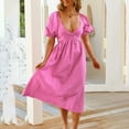thumbnail image 2 of Summer Dresses for Women Puff Short Sleeve Solid V Neck Midi Dress Waist Hollow Out Cute Beach Long Dress, 2 of 7