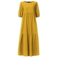 thumbnail image 3 of VONDA Women's O-Neck Puff Short Sleeve Loose Casual Plain Cotton Pleated Dress, 3 of 6