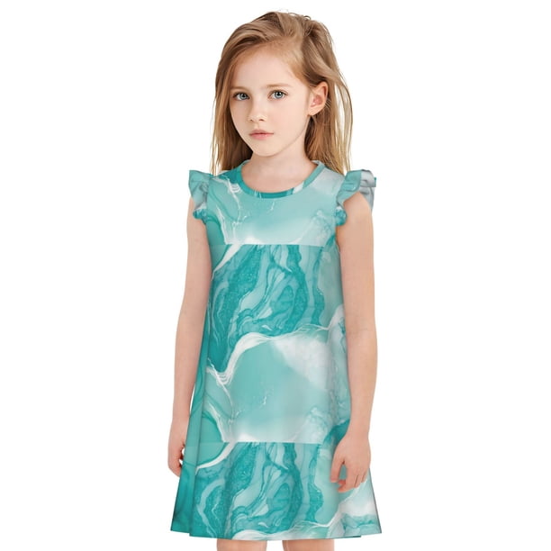 Balery Teal Turquoise 1 Camisón de princesa para niñas, pijama de algodón con mangas abullonadas, suave y bonito.-Medium