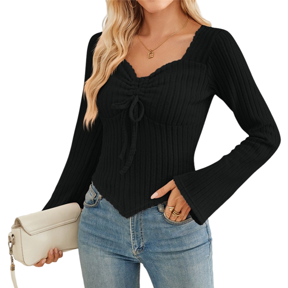Women's Y2k Aesthetic Trendy Long Sleeve Shirt Cute Ruched Drawstring Slim Fit Pullover Tops Y2k Clothes