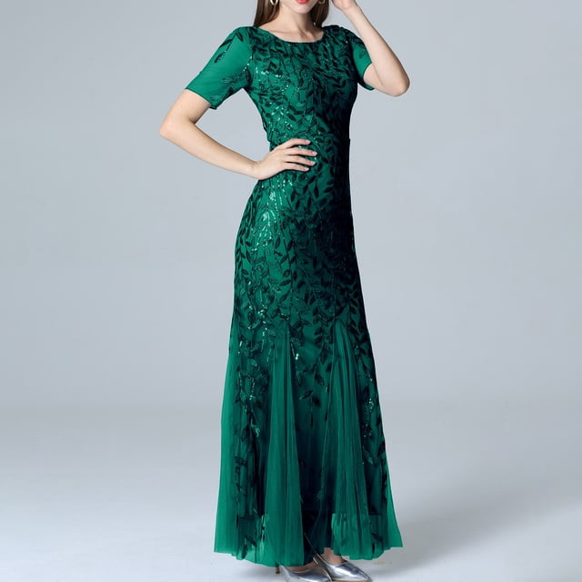 SMihono Robe Maxi Bohème d'Été pour Femmes Grande Taille Robe Longue à Manches Courtes Col Rond Couleur Unie Robe de Soirée Slim Robe de Plage