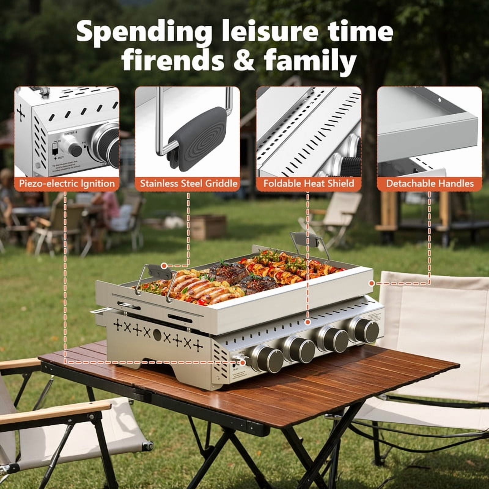 KNDKO Stainless Steel 4-Burner Propane Gas Grill, 34001 BTU BBQ Grill with Tool Holders, Porcelain-Enameled Cast, Iron Grates for Outdoor Cooking
