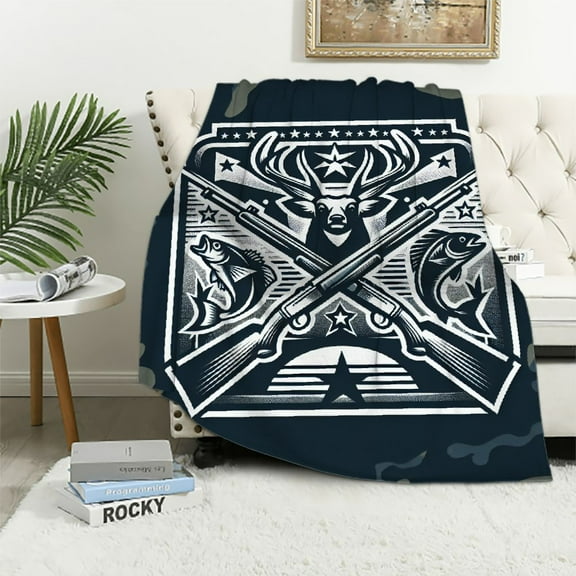 COMIO Hunting Fishing Throw Blanket for Bed Sofa Couch Camo American Flag Blanket Wild Fish Duck Deer Bear Sherpa Blanket Black Animal Silhouette Camouflage Flannel Blanket