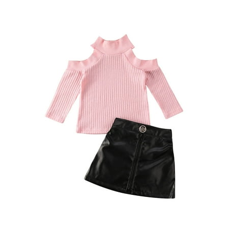 

ZIYIXIN Toddler Baby Girl Outfits Long Sleeve Turtleneck Sweater Tops+PU Leather Zipper Mini Skirt Clothes Pink 18-24 Months