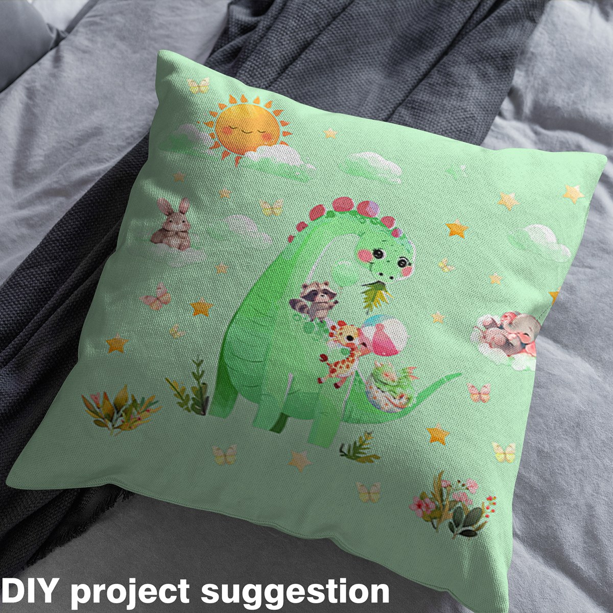 Homewish Green Dinsaur Fabric by the Yard 3 Yard,Cartoon Rabbit Raccoon Sewing Fabric,Rustic Flower Butterflies Room Decor Fabric by the Yard For Boys,Super Cozy Room Decor