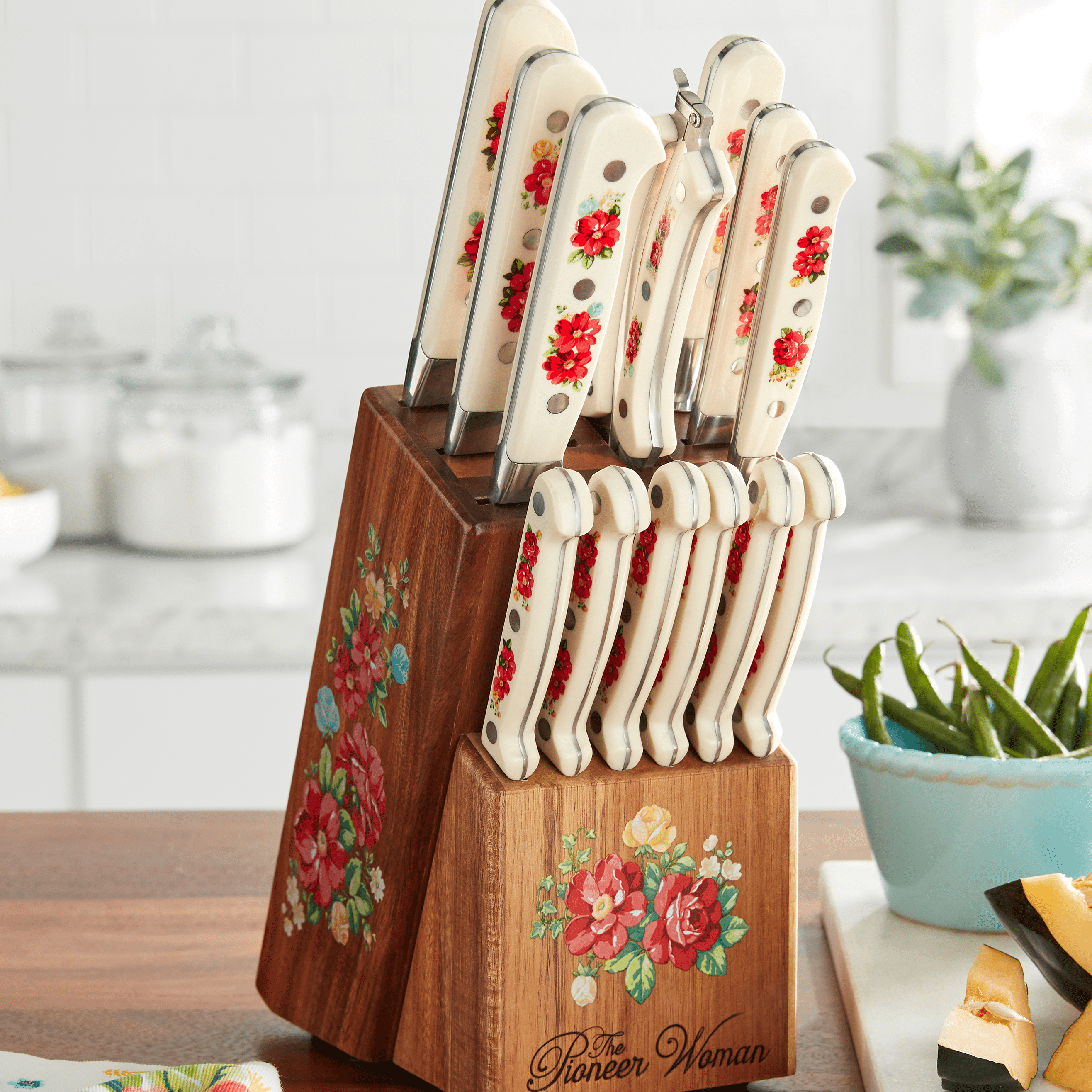 The Pioneer Woman Frontier Collection 14-Pieces Cutlery Set with Wood Block,  Royal Blue 