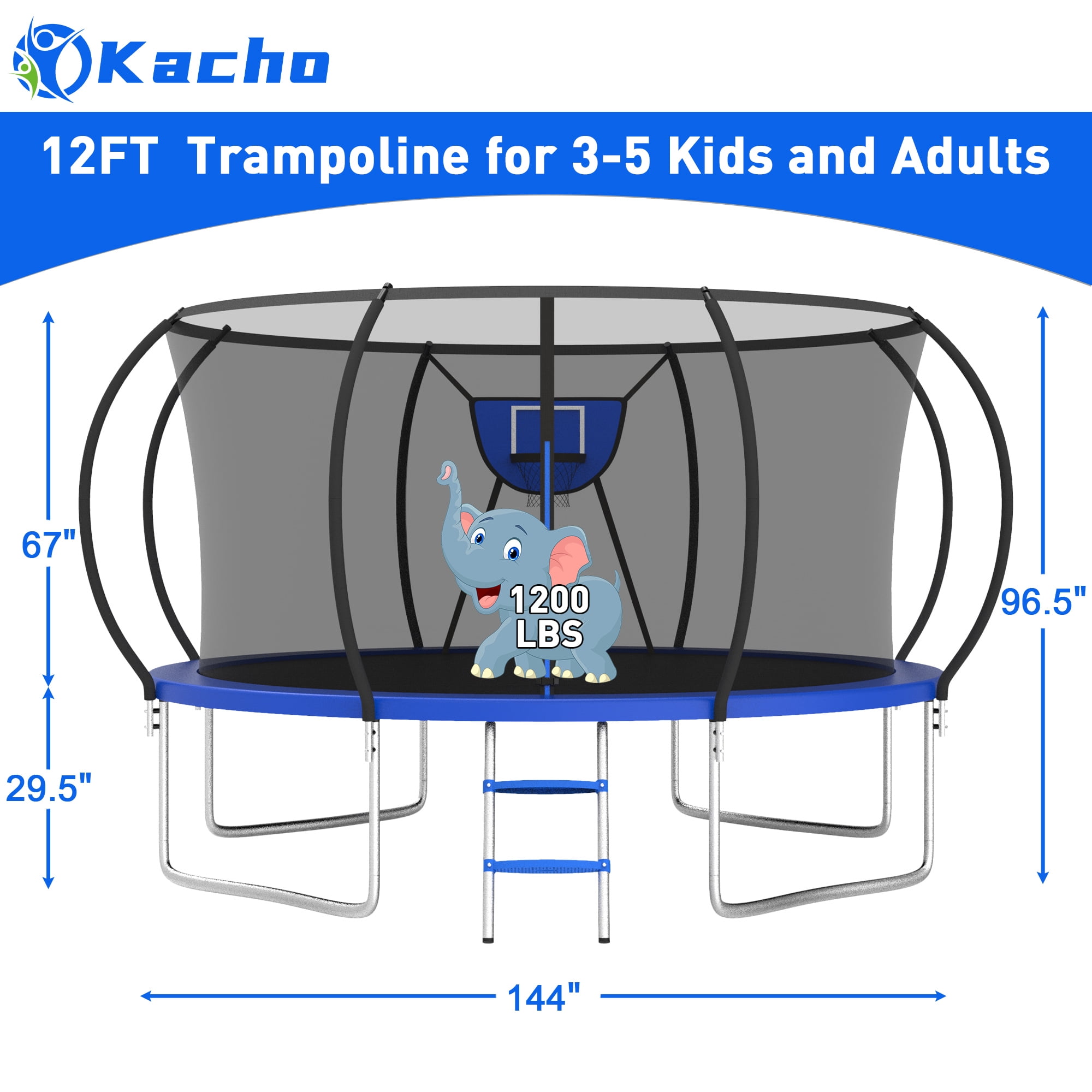 Kacho Trampoline, Trampoline with Enclosure Net 12FT 1200LBS Trampoline for 2-3 Kids and 1-2 Adults, Trampoline with Basketball Hoop, Ladder, Ball, Light, Sprinkler, Heavy Duty Trampoline, Blue