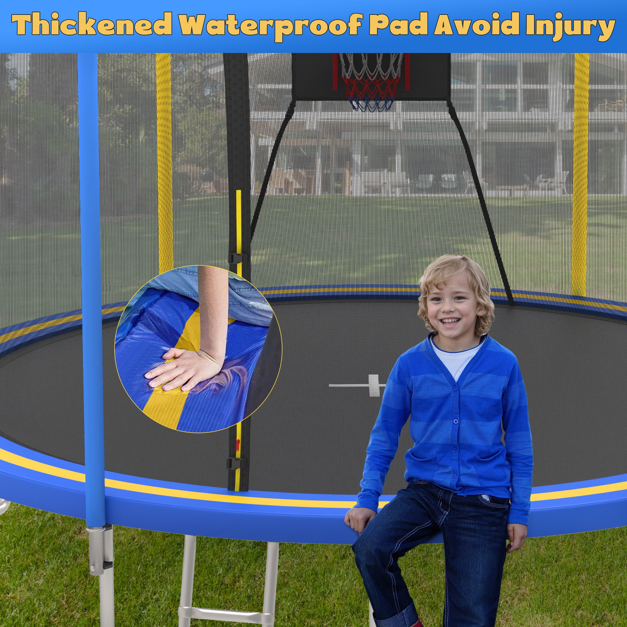 14ft Trampoline with Basketball Hoop, SEGMART Upgraded Round Kids Outdoor Trampoline with Enclosure, Heavy-Duty Backyard Trampoline for Adults and Kids, Blue