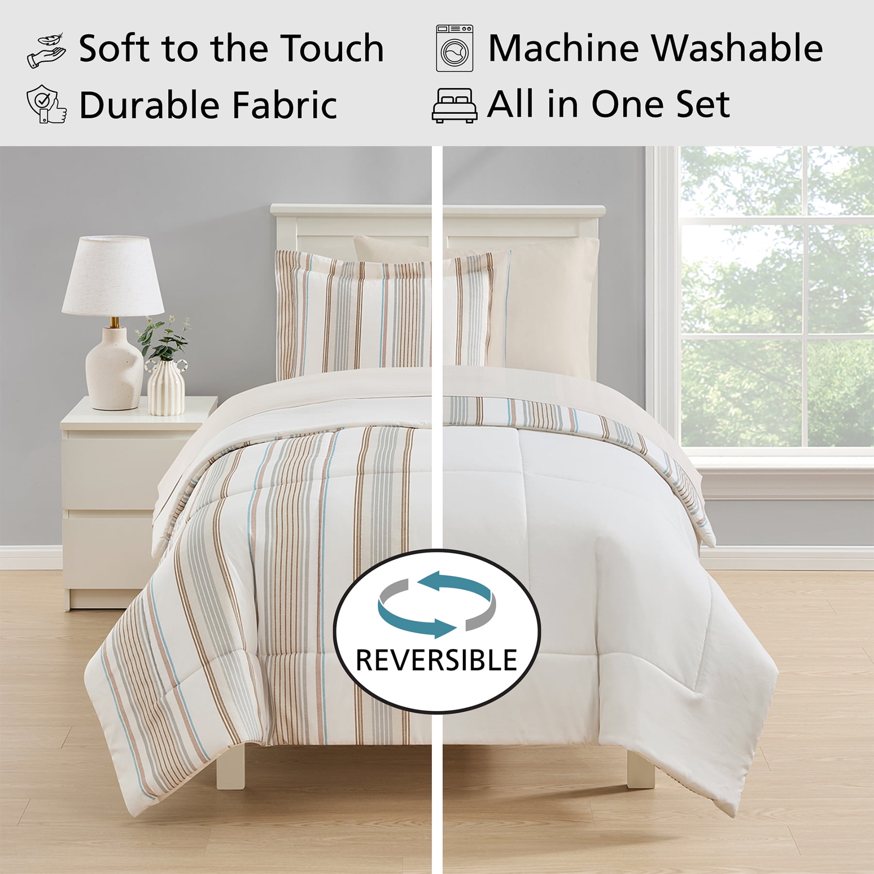 Mainstays All in One Reversible Comforter and Sheet set- 5 Piece, Twin, Beige Stripe