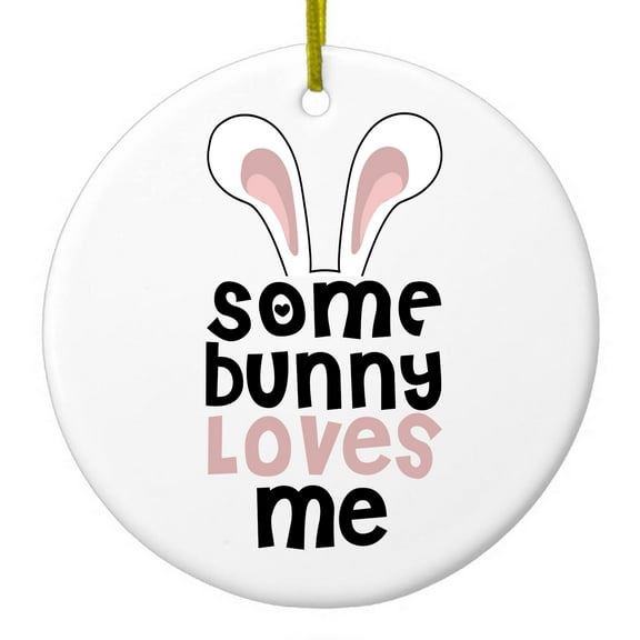 DistinctInk Hanging Ceramic Christmass Tree Ornament with Gold String - Great Gift / Present - 2 3/4 inch diameter - Some Bunny Loves Me - Rabbit