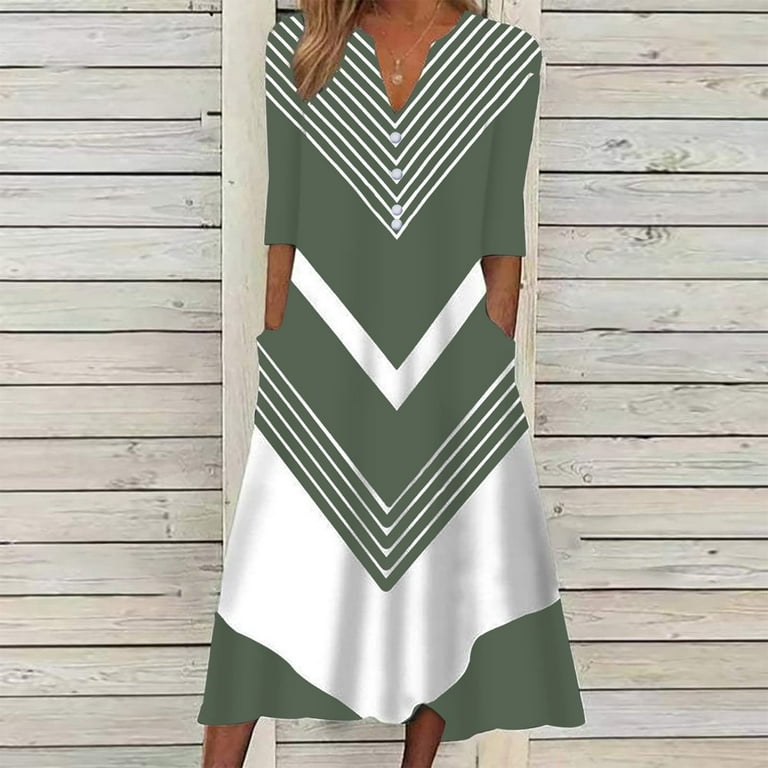 Clearance-Sale Summer Dresses for Women 2023 Short Sleeve Printing Stripe  Pattern Dress V-Neck Midi Fit And Flare Y2K Fashion Elegant Holiday  Vacation Homecoming A-Line Swing Hem Dress with Pocket 