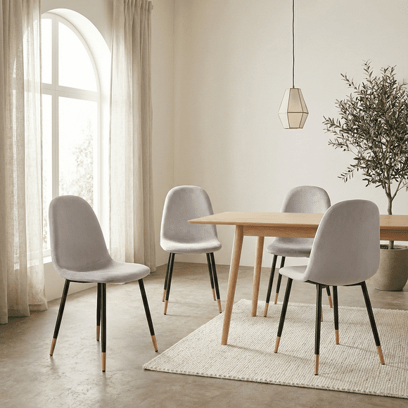 Placida Decor Set of 4 Elena Dining Chairs - Light Grey Velvet Upholstered Accent Chair with Black Gold Metal Legs - Modern Side Chair for Dining Room, Kitchen, or Living Room
