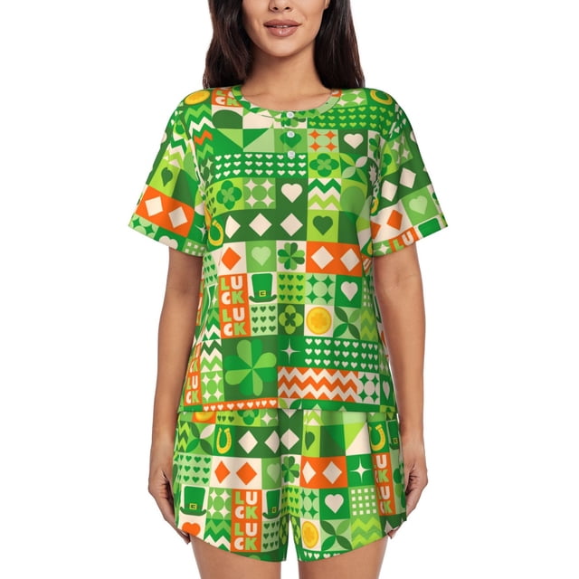 Balery St Patrick's Day6 Conjunto de Pijama para Mujer con Estampado, Dos Piezas de Manga Corta y Shorts, Ropa de Dormir Suave con Cuello Redondo y Bolsillos-Small