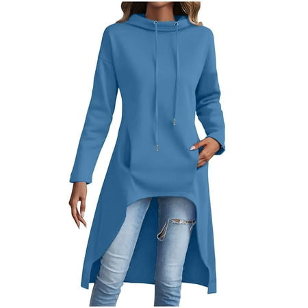 Scyoekwg Womens Long Sleeve Tunics for Fall Crewneck Irregular Hooded Sweatshirt with Pocket Fall Clothes Dressy Casual Blouses Fashion Vintage Loose Solid Color Pullover Tops(Blue L)