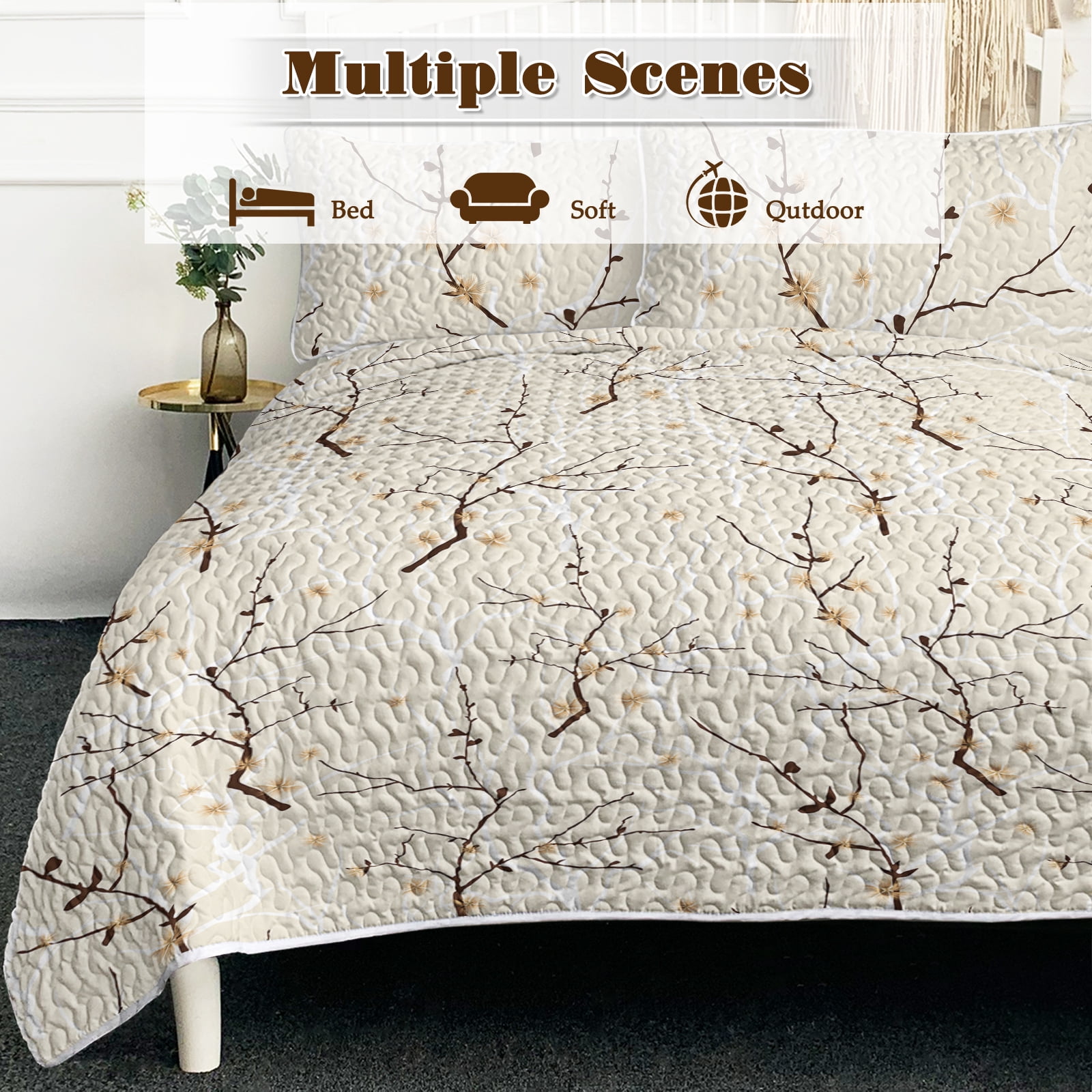 Sleepwish 3 Pieces Quilt Set Queen Size, Colorful Flower Fall Leaves Bedding Set Lightweight Bedspreads Bed Cover