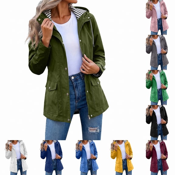 DYTTDG Women's Hooded Rain Jacket | Casual Waterproof Windbreaker with Striped Lining, Zipper & Snap Closure, Packable Jacket for Travel