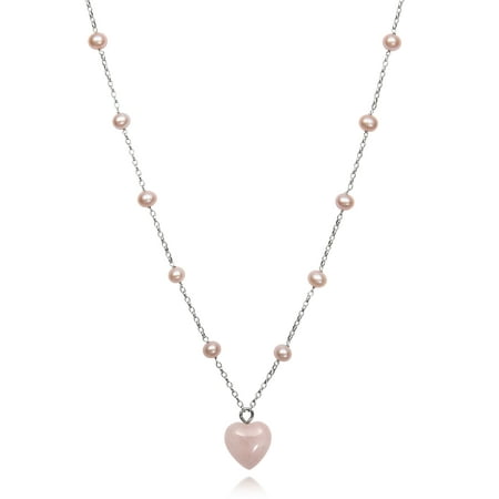 - Natural Pink Cultured Freshwater Pearl and Rose Quartz Heart Charm Chain Link Station Necklace,18
