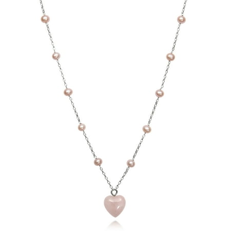 Cultured Freshwater Pink Pearl and Rose Quartz Heart Charm Station Necklace,