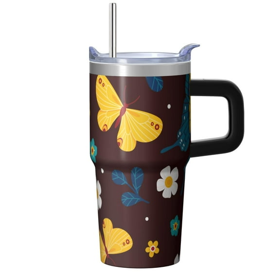 Butterfly 20oz Stainless Steel Tumbler with Handle and Straw – Insulated Travel Cup with Sliding Lid, 360° Full Wrap Printed Mug for Home, Outdoor & Sports Use, Spring