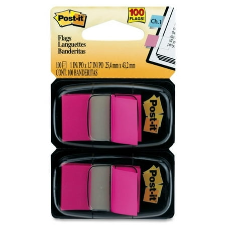 Post-it Flags - 2 Dispensers 100 x Bright Pink - 1" x 1.75" - Rectangle - Unruled - Bright Pink - Removable, Self-adhesive - 100 / Pack