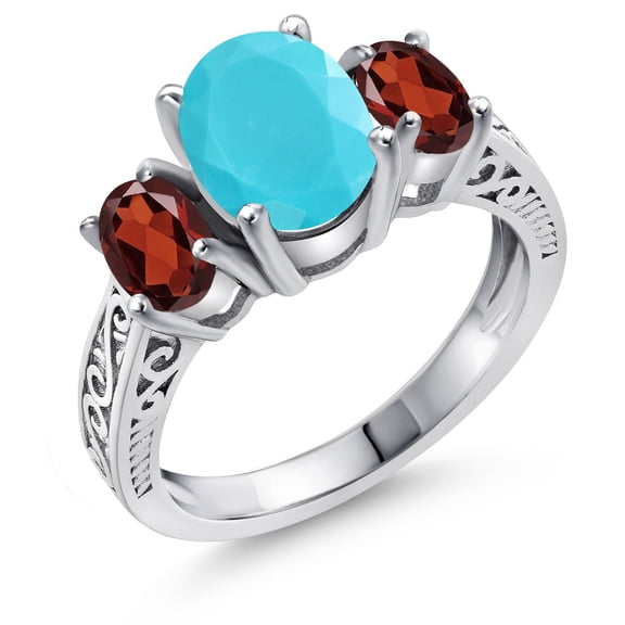 Gem Stone King 2.64 Ct Oval Green Turquoise Red Garnet 925 Sterling Silver Ring (Size 8)