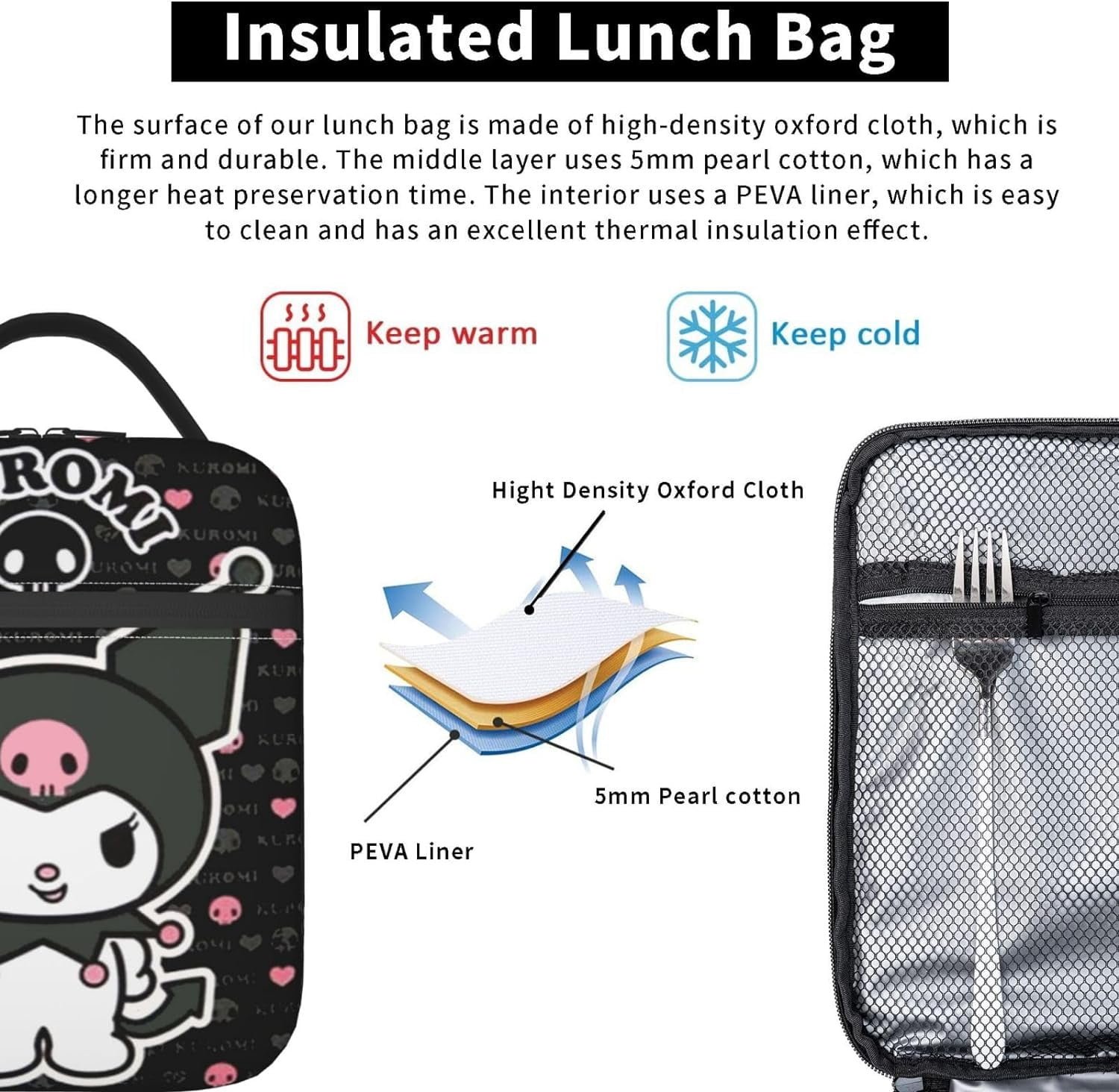 Kuromi Cartoon Lunch Box Cute Lunch Bag Large Capacity Durable Reusable Lunch Box Suitable For Women Work Travel Picnic Fi29