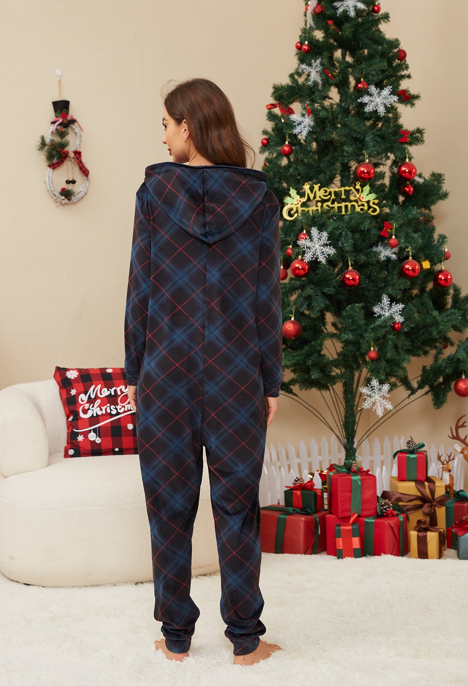 U2SKIIN Pajamas for Women Onesie, Zipper Matching Jumpsuit for Couples Ultra Soft Plaid Hooded Pjs Set,(Blue Green Plaid,M)