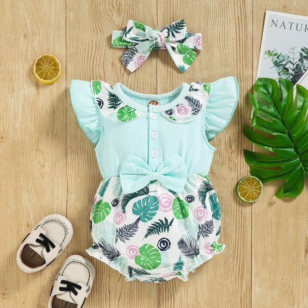 

niuredltd girls fly sleeve floral printed bowknot romper bodysuits headbands set