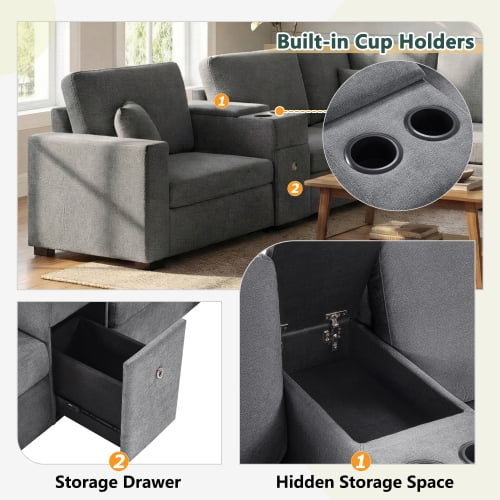 134" U-Shape Modular Sectional Sofa, 5-Seat Couch with Chaise Lounge, Deep Seat, Built-In Cup Holders, Storage Drawer and Pillows, Grey