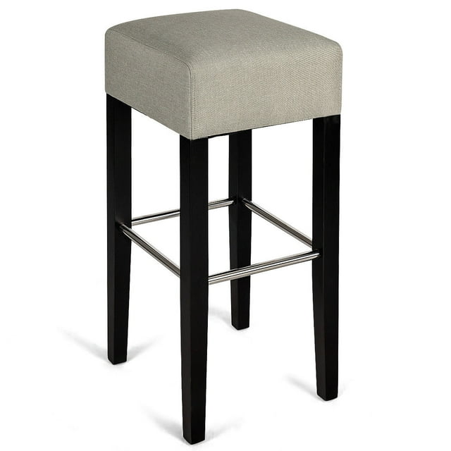 Gymax 1 PC Backless Bar Stool Fabric Seat Rubber Wood Legs Pub Kitchen Dining Beige