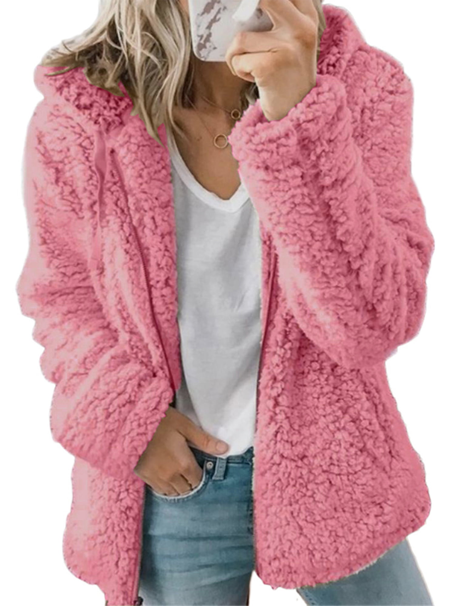 ASKSA Womens Fuzzy Fleece Jacket Open Front Hooded Color Block Plush Hoodie Zip Up Cardigan Coats Outwear with Pockets