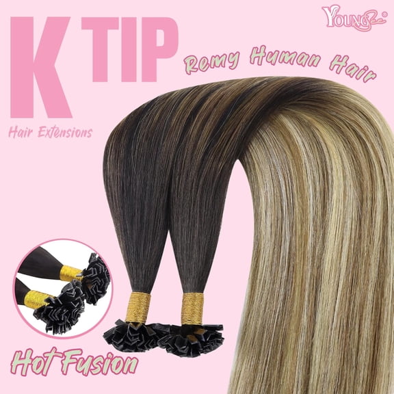 JINYUN-K Tip Hair Extensions Human Hair Balayage Ktip Real Hair Extensions Dark Brown Ombre Brown with Blonde Hot Fusion 14In 50s/50g