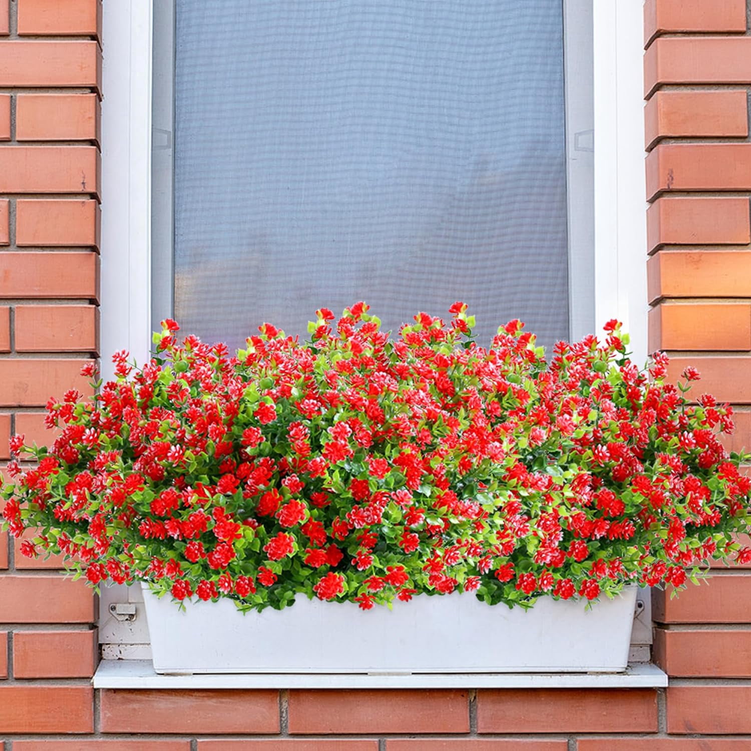 8 Bundles Red Artificial Flowers Outdoor Fake Flower Plastic UV Resistant Shrubs Greenery Plants Hanging Decorations Garden Porch Window Box Farmhouse Outside Summer Indoor Decor