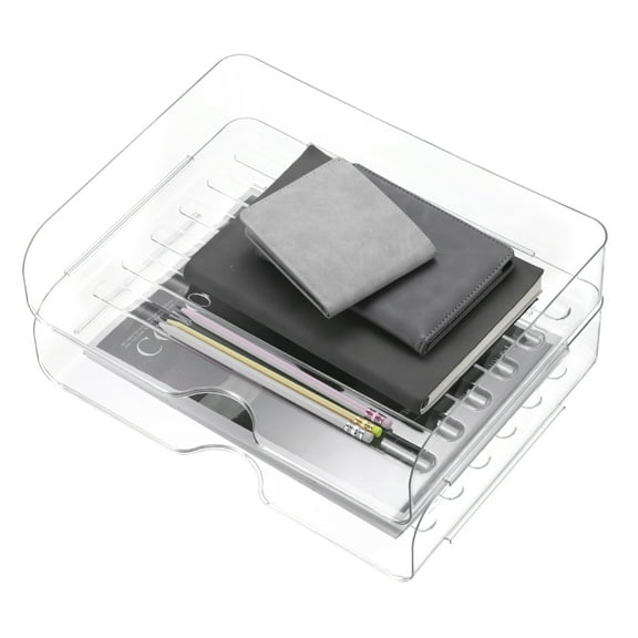 Uxcell 13"x9.8"x2.9" Stackable Letter Tray, 2-Tier Paper Organizer Rectangular Plastic Desk Organizer Accessories File Holder for Office Desk Drawers Paper Storage, Clear