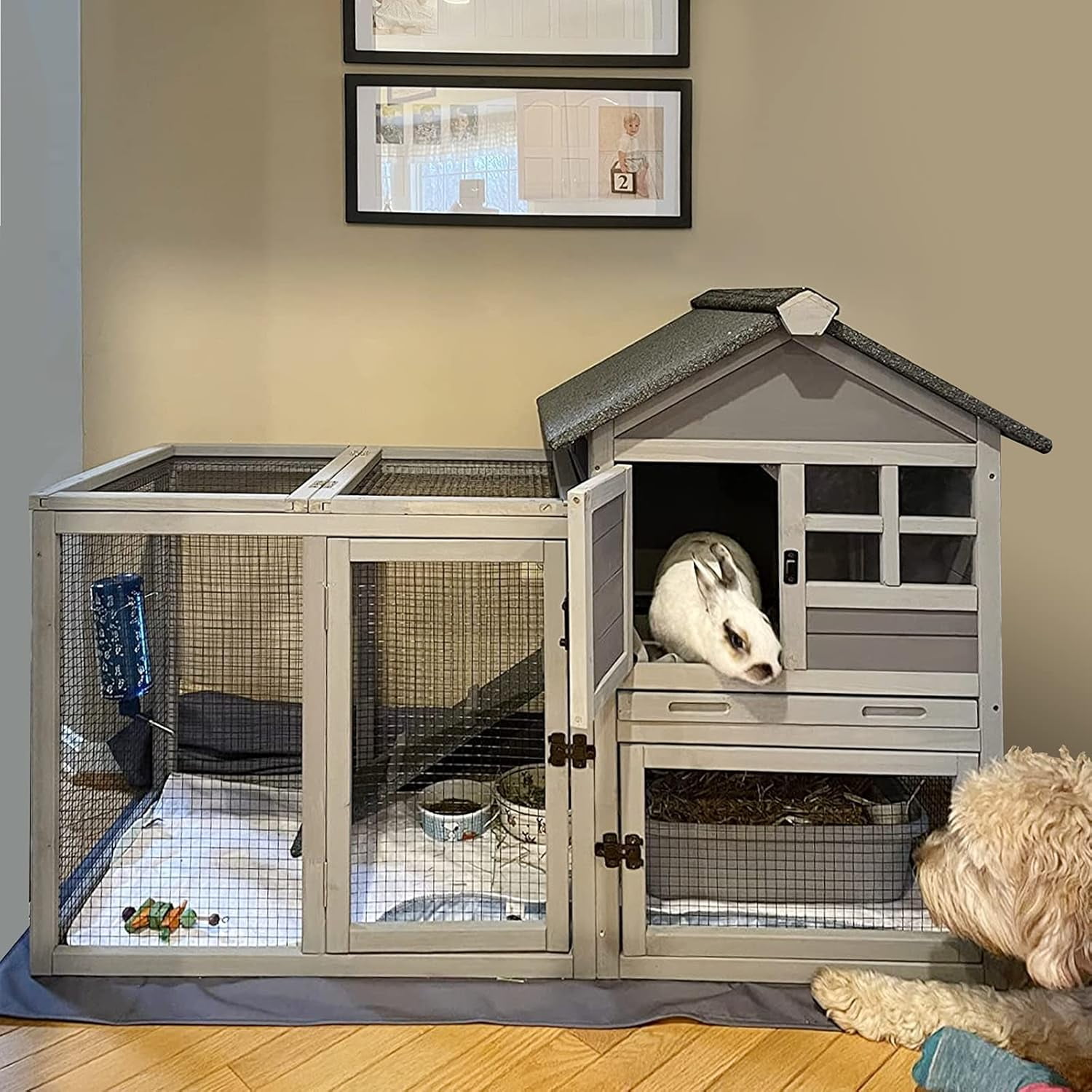 51.6" LRabbit Hutch Indoor Outdoor Bunny Cage Rabbit cage with Run, Deeper No Leak Tray, Weatherproof