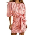 thumbnail image 3 of Qmyliery Women's Summer Casual Plaid Dress Lantern Sleeve Round Neck Mid Waist Tie Up Dress, 3 of 8
