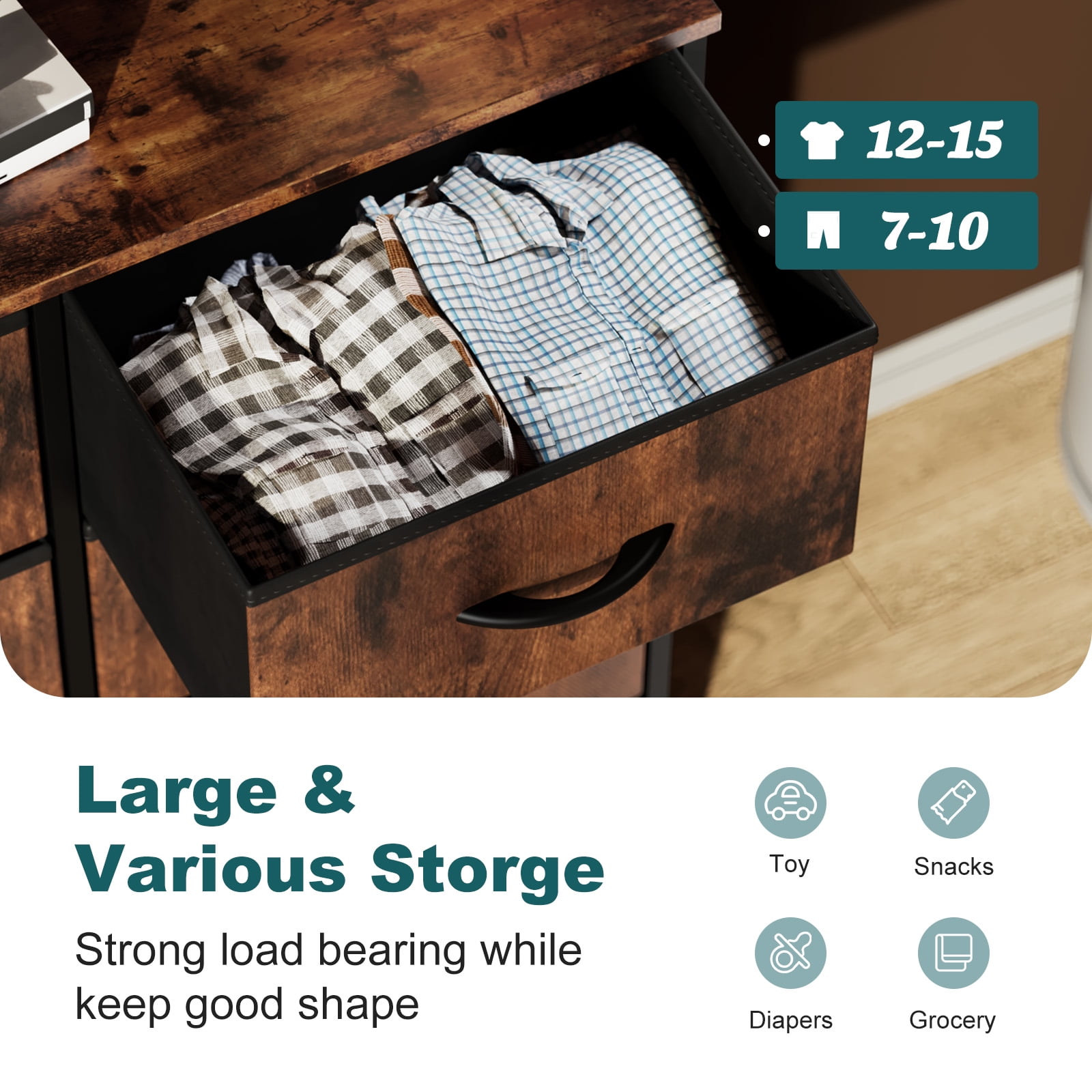 JIOABL 8 Drawer Chest Organizer with Fabric Bins, Dresser for Bedroom, Tall Steel Frame, Rustic Brown