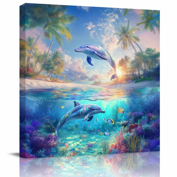Framed Canvas Wall Art for Living Room Dolphin Wall Decor, Ocean Animal Tropical Coconut Aesthetic Paintings for Bedroom Office Kitchen Bathroom, Ready to Hang Artwork Wall Pictures 8x8 Inch